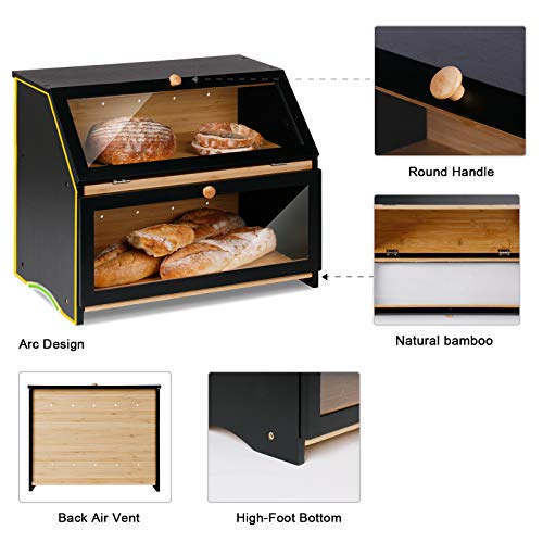 HOMEKOKO Double Layer Large Bread Box for Kitchen Counter, Wooden Large Capacity Bread Storage Bin (Black)