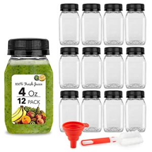 4 ounce mini bottles for mini fridge, reusable juice containers with black caps, small bottle for liquids in kids lunch box, clear empty plastic container with lids for juicing (12 pack)