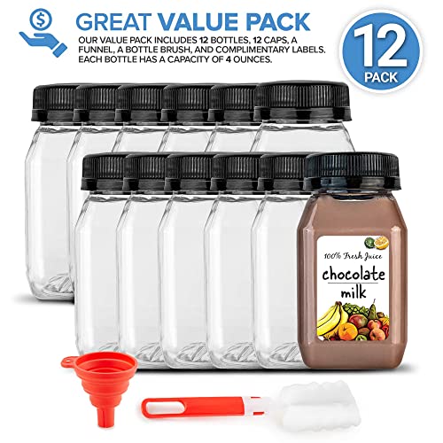 4 Ounce Mini Bottles for Mini Fridge, Reusable Juice Containers with Black Caps, Small Bottle for Liquids in Kids Lunch Box, Clear Empty Plastic Container with Lids for Juicing (12 Pack)