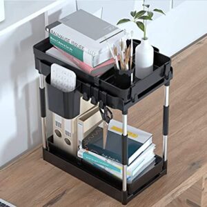 Double Sliding Under Sink Organizers and Storage - 2 Tier Pull Out Under Kitchen Cabinet Organizer w 4 Hanging Cup,8 Hooks,4 Dividers, Under Counter Sink Organization for Bathroom, Adjustable H and W