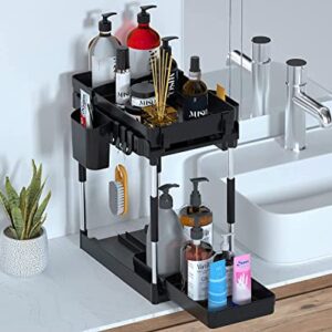 Double Sliding Under Sink Organizers and Storage - 2 Tier Pull Out Under Kitchen Cabinet Organizer w 4 Hanging Cup,8 Hooks,4 Dividers, Under Counter Sink Organization for Bathroom, Adjustable H and W