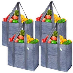 veno 4 pack reusable grocery shopping bag w/ hard bottom, foldable, multipurpose heavy duty tote, daily utility bag, stands upright, sustainable (set of 4, gray)