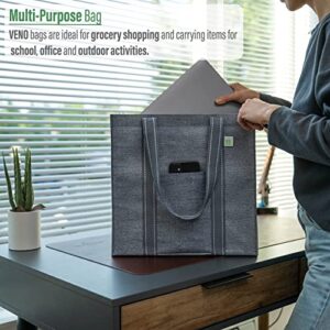 VENO 4 Pack Reusable Grocery Shopping Bag w/ Hard bottom, Foldable, Multipurpose Heavy Duty Tote, Daily Utility bag, Stands Upright, Sustainable (Set of 4, Gray)