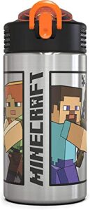 zak designs minecraft – stainless steel water bottle with one hand operation action lid and built-in carrying loop, with straw spout is perfect for kids (15.5 oz, 18/8, bpa-free)