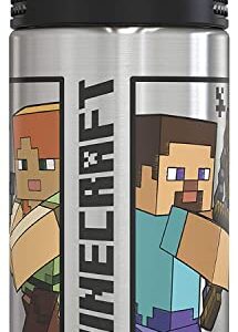 Zak Designs Minecraft - Stainless Steel Water Bottle with One Hand Operation Action Lid and Built-in Carrying Loop, with Straw Spout is Perfect for Kids (15.5 oz, 18/8, BPA-Free)