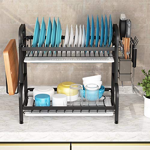 1Easylife Dish Drying Rack, 2-Tier Compact Kitchen Dish Rack Drainboard Set, Large Rust-Proof Dish Drainer with Utensil Holder, Cutting Board Holder for Kitchen