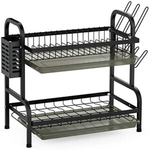 swedecor dish drying rack for kitchen – 2 tier rust-resistant dish rack small dish drainer with drainboard tray, cup holder and utensil holder for kitchen countertop saving space, black