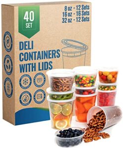 deli plastic food storage containers with airtight lids [ 12sets-8oz | 20sets-16oz | 12sets-32oz] – great for slime, soup containers, portion control | microwave | dishwasher | freezer safe | leakproof | (40 mix sets)