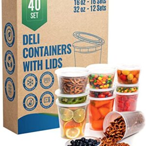 Deli Plastic Food Storage Containers with Airtight Lids [ 12Sets-8oz | 20Sets-16oz | 12Sets-32oz] - Great for Slime, Soup Containers, Portion Control | Microwave | Dishwasher | Freezer Safe | Leakproof | (40 Mix Sets)