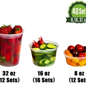Deli Plastic Food Storage Containers with Airtight Lids [ 12Sets-8oz | 20Sets-16oz | 12Sets-32oz] - Great for Slime, Soup Containers, Portion Control | Microwave | Dishwasher | Freezer Safe | Leakproof | (40 Mix Sets)
