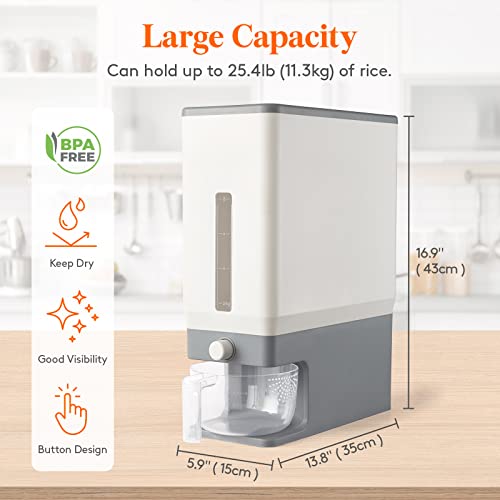 Lifewit Large Rice Dispenser Container 25.4 Lbs, Airtight Cereal Storage Containers with Measuring Cup, Sealed Moisture Proof Rice Bucket, Dry Food Grain Flour Soybean for Kitchen Household, BPA-Free