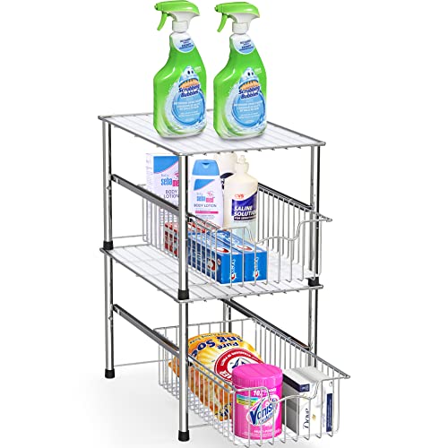 SimpleHouseware Stackable Under Sink Cabinet Sliding Basket Organizer Drawer, Chrome