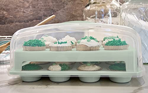 Top Shelf Elements Cupcake Carrier, Fashionable Green Cupcake Holder Carries 24 Standard-Size Cupcakes, Durable Muffin Traveler Two Tier Stand and Reusable Cupcake Box