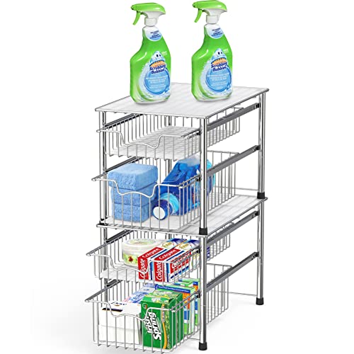 SimpleHouseware Stackable 2 Tier Sliding Basket Organizer Drawer, Chrome