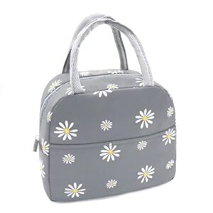 sonuimy insulated lunch bag women girls, reusable cute tote lunch box for adult & kids, leakproof cooler lunch bags for work office travel school picnic (grey with white daisy)