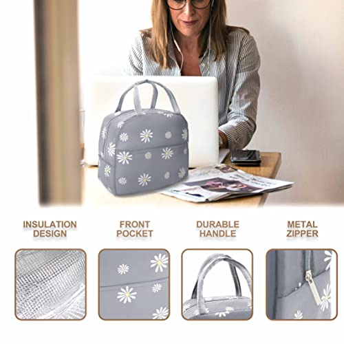 Sonuimy Insulated Lunch Bag Women Girls, Reusable Cute Tote lunch box for Adult & Kids, Leakproof Cooler Lunch Bags for Work Office Travel School Picnic (Grey with White Daisy)