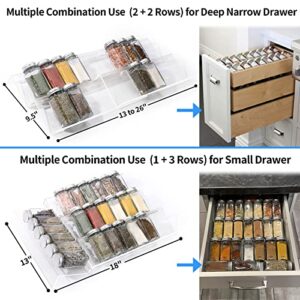 Clear Acrylic Spice Drawer Organizer, 4 Tier- 2 Set Expandable From 13" to 26" Seasoning Jars Drawers Insert, Kitchen Spice Rack Tray for Drawer/Countertop (Jars not included)