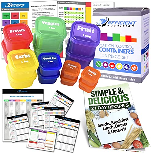 Portion Control Containers DELUXE Kit (14-Piece) with COMPLETE GUIDE + 21 DAY PLANNER + RECIPE eBOOK by Efficient Nutrition - BPA FREE Color Coded Meal Prep System for Diet and Weight Loss