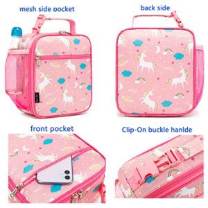 FlowFly Kids Lunch box Insulated Soft Bag Mini Cooler Back to School Thermal Meal Tote Kit for Girls, Boys, Unicorn