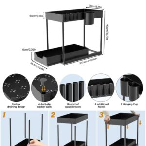 Stackable Under Sink Organizers and Storage - DILEASIR Upgraded 12in Heightened Sticks 2 Tier Under Sink Organizer with 4 Hanging Cups, 8 Dust Plugs, 8 Hooks, Multi-function Storage, Black, 2 Pack