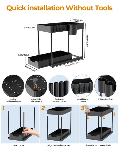 Stackable Under Sink Organizers and Storage - DILEASIR Upgraded 12in Heightened Sticks 2 Tier Under Sink Organizer with 4 Hanging Cups, 8 Dust Plugs, 8 Hooks, Multi-function Storage, Black, 2 Pack