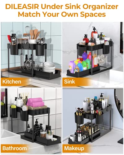 Stackable Under Sink Organizers and Storage - DILEASIR Upgraded 12in Heightened Sticks 2 Tier Under Sink Organizer with 4 Hanging Cups, 8 Dust Plugs, 8 Hooks, Multi-function Storage, Black, 2 Pack