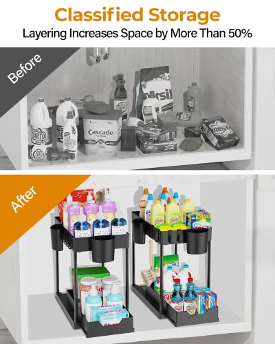 Stackable Under Sink Organizers and Storage - DILEASIR Upgraded 12in Heightened Sticks 2 Tier Under Sink Organizer with 4 Hanging Cups, 8 Dust Plugs, 8 Hooks, Multi-function Storage, Black, 2 Pack
