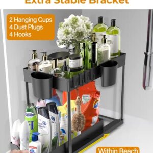 Stackable Under Sink Organizers and Storage - DILEASIR Upgraded 12in Heightened Sticks 2 Tier Under Sink Organizer with 4 Hanging Cups, 8 Dust Plugs, 8 Hooks, Multi-function Storage, Black, 2 Pack