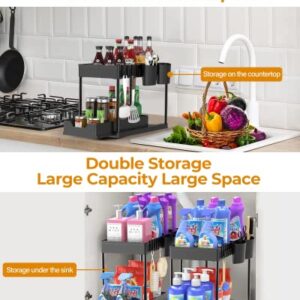 Stackable Under Sink Organizers and Storage - DILEASIR Upgraded 12in Heightened Sticks 2 Tier Under Sink Organizer with 4 Hanging Cups, 8 Dust Plugs, 8 Hooks, Multi-function Storage, Black, 2 Pack