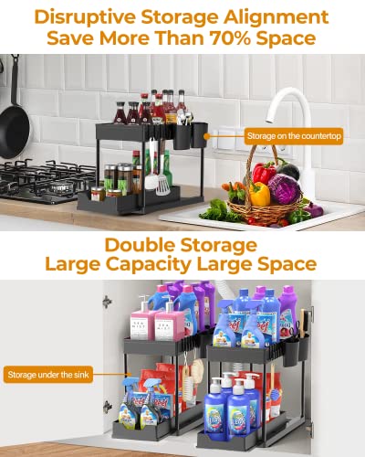 Stackable Under Sink Organizers and Storage - DILEASIR Upgraded 12in Heightened Sticks 2 Tier Under Sink Organizer with 4 Hanging Cups, 8 Dust Plugs, 8 Hooks, Multi-function Storage, Black, 2 Pack