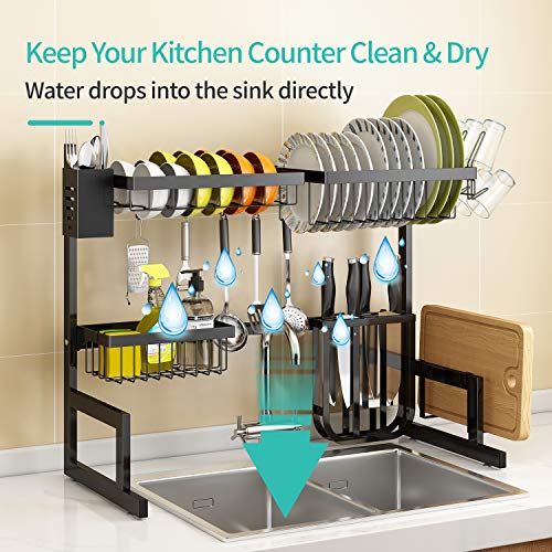 Over The Sink Dish Drying Rack Adjustable (25.6"-33.5"), 2 Tier Stainless Steel Dish Rack Drainer, Large Dish Rack Over Sink for Kitchen Counter Organizer Storage Space Saver with 10 Utility Hooks