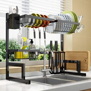 Over The Sink Dish Drying Rack Adjustable (25.6"-33.5"), 2 Tier Stainless Steel Dish Rack Drainer, Large Dish Rack Over Sink for Kitchen Counter Organizer Storage Space Saver with 10 Utility Hooks
