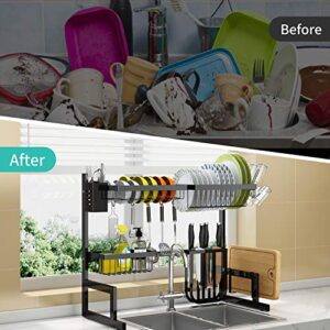 Over The Sink Dish Drying Rack Adjustable (25.6"-33.5"), 2 Tier Stainless Steel Dish Rack Drainer, Large Dish Rack Over Sink for Kitchen Counter Organizer Storage Space Saver with 10 Utility Hooks