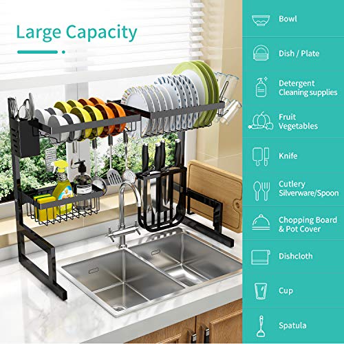 Over The Sink Dish Drying Rack Adjustable (25.6"-33.5"), 2 Tier Stainless Steel Dish Rack Drainer, Large Dish Rack Over Sink for Kitchen Counter Organizer Storage Space Saver with 10 Utility Hooks