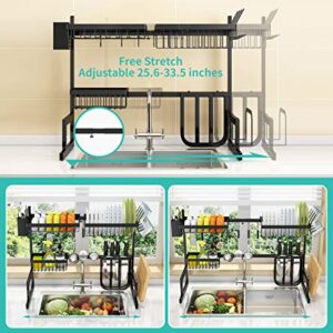 Over The Sink Dish Drying Rack Adjustable (25.6"-33.5"), 2 Tier Stainless Steel Dish Rack Drainer, Large Dish Rack Over Sink for Kitchen Counter Organizer Storage Space Saver with 10 Utility Hooks