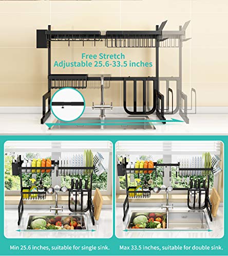 Over The Sink Dish Drying Rack Adjustable (25.6"-33.5"), 2 Tier Stainless Steel Dish Rack Drainer, Large Dish Rack Over Sink for Kitchen Counter Organizer Storage Space Saver with 10 Utility Hooks