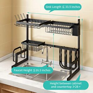 Over The Sink Dish Drying Rack Adjustable (25.6"-33.5"), 2 Tier Stainless Steel Dish Rack Drainer, Large Dish Rack Over Sink for Kitchen Counter Organizer Storage Space Saver with 10 Utility Hooks