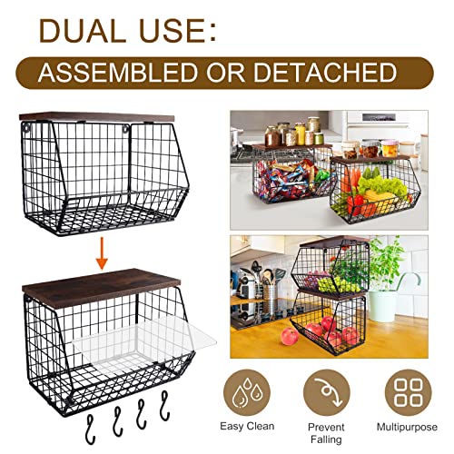 Mefirt 2pcs Fruit Basket Onion Storage Wire Baskets with Wood Lid, Stackable Wall-mounted & Countertop Tiered Kitchen Counter Organizer for Snack, Fruit and Vegetable Storage, 11.8 * 7.9 * 8.5 Inches