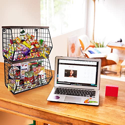 Mefirt 2pcs Fruit Basket Onion Storage Wire Baskets with Wood Lid, Stackable Wall-mounted & Countertop Tiered Kitchen Counter Organizer for Snack, Fruit and Vegetable Storage, 11.8 * 7.9 * 8.5 Inches