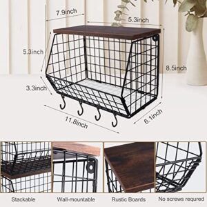 Mefirt 2pcs Fruit Basket Onion Storage Wire Baskets with Wood Lid, Stackable Wall-mounted & Countertop Tiered Kitchen Counter Organizer for Snack, Fruit and Vegetable Storage, 11.8 * 7.9 * 8.5 Inches