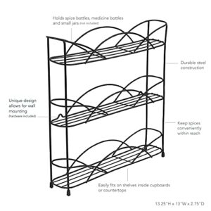 Spectrum Diversified Countertop 3-Tier Rack Kitchen Cabinet Organizer or Optional Wall-Mounted Storage, 3 Spice Shelves, Raised Rubberized Feet, Black