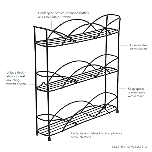 Spectrum Diversified Countertop 3-Tier Rack Kitchen Cabinet Organizer or Optional Wall-Mounted Storage, 3 Spice Shelves, Raised Rubberized Feet, Black