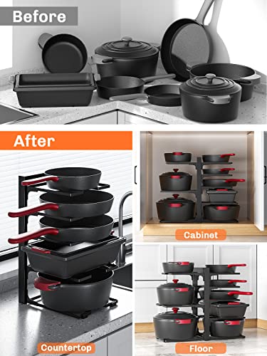 MUDEELA Pots and Pans Organizer for Cabinet 8-Tier Adjustable Heavy Duty Pan Organizer Rack for Cabinet, Pot Organizer Rack for Kitchen Cabinet Organization & Storage