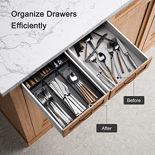 Silverware Drawer Organizer, Mesh Utensil Organizer for Kitchen Drawers, Silverware Tray with Interlocking Arm, Narrow Utensil holder for Flatware, Forks, Spoons, Knives by FURNINXS (Set of 6)