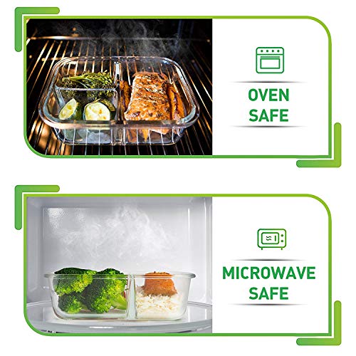 PrepNaturals Glass Meal Prep Containers 3 Compartment - Bento Box Containers Glass Food Storage Containers with Lids - Food Containers Food Prep Containers Glass Storage Containers with Lids 3 Pack