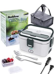 buddew electric lunch box 70w food heater 3 in 1 12v/24v/110-230v portable lunch warmer (1.8l large-capacity) heated lunch box for car/truck/home/office with carry bag and fork and spoon (gray)
