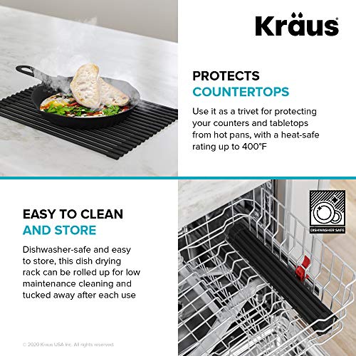 KRAUS Multipurpose Over-Sink Roll-Up Dish Drying Rack, Colander and Trivet in Black, KRM-10BLACK