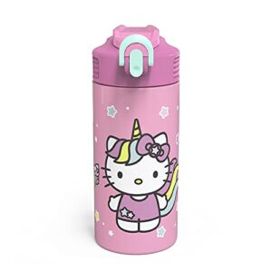 zak designs sanrio hello kitty vacuum insulated thermal kids water bottle 14 oz 18/8 stainless steel with flip-up straw spout and locking spout cover, durable cup for sports or travel