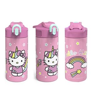 Zak Designs Sanrio Hello Kitty Vacuum Insulated Thermal Kids Water Bottle 14 oz 18/8 Stainless Steel with Flip-Up Straw Spout and Locking Spout Cover, Durable Cup for Sports or Travel