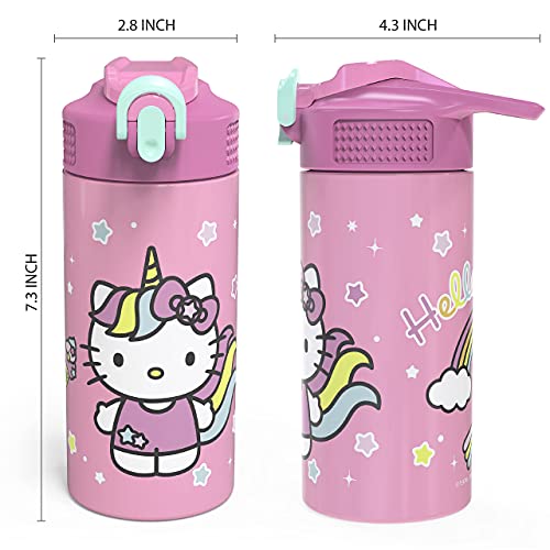 Zak Designs Sanrio Hello Kitty Vacuum Insulated Thermal Kids Water Bottle 14 oz 18/8 Stainless Steel with Flip-Up Straw Spout and Locking Spout Cover, Durable Cup for Sports or Travel